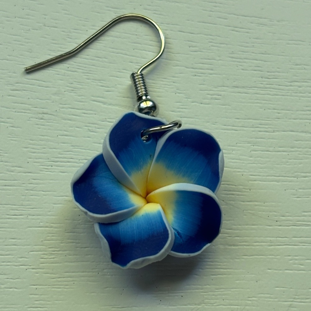 Plumeria Blue and Yellow Flower Earrings - Picture 4 of 4